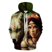 3D wolf princess zip hoodie with hood, colorful print, front view