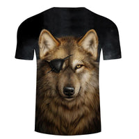 Black T-shirt front with large wolf head print, golden eyes and shaggy fur border