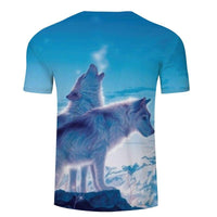 Blue T-shirt with large 3D wolf graphic on back