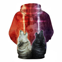 Pullover hoodie with red-purple lava print and two wolf heads, hood drawstrings