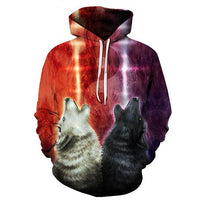 Multicolor pullover hoodie with 3D wolf faces, red-to-purple lava swirl, white drawstrings