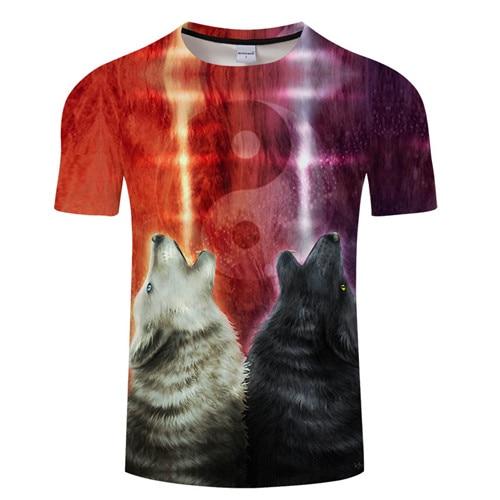Adult lava tie-dye T-shirt with wolf face graphic, red/purple sleeves and black hem