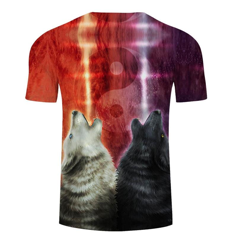 Back view lava tie-dye T-shirt with two wolves graphic, red to purple gradient