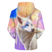 Multicolor Native American-style cartoon wolf hoodie, close-up back with hood