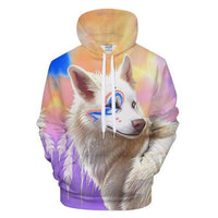 Multicolor 3D cartoon wolf pullover hoodie with hood and front kangaroo pocket