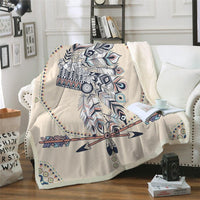 Multicolor tribal feather blanket with geometric trim and native-style headdress print
