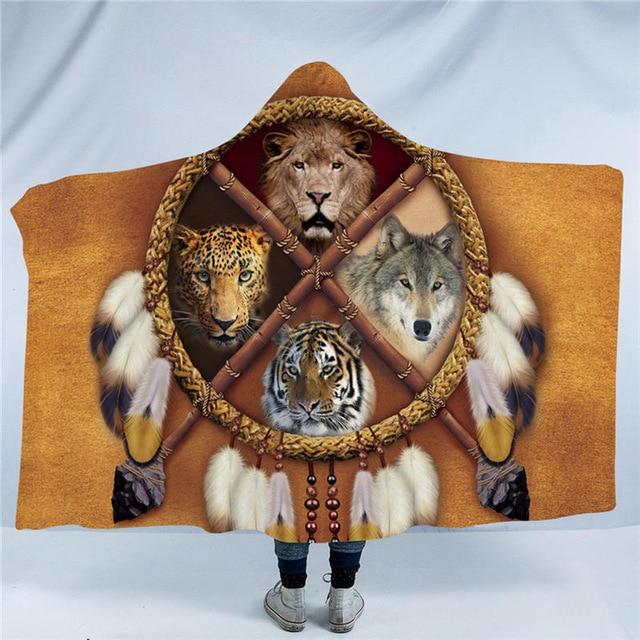 Hooded blanket with dreamcatcher-style animal faces: lion, tiger, wolf, bear; multicolor