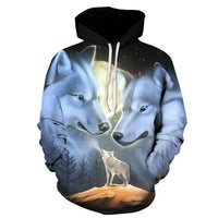 Black-hood pullover hoodie with 3D blue wolf faces and glowing moon graphic