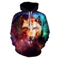 Pullover hoodie with multicolor wolf face nebula print, front hood and drawstrings