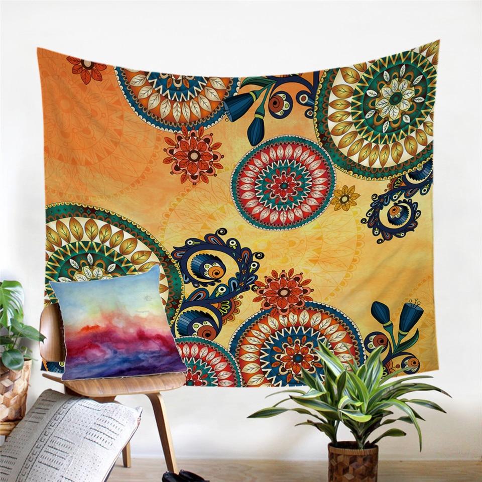 Multicolor mandala tapestry with native-style floral and bird motifs on warm beige