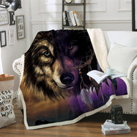 Multicolor wolf and dreamcatcher throw blanket with purple, gold and dark accents