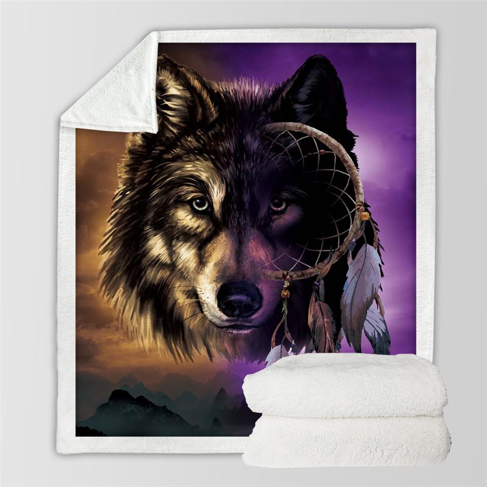 Wolf with dreamcatcher graphic throw blanket; folded white edge, multicolor design