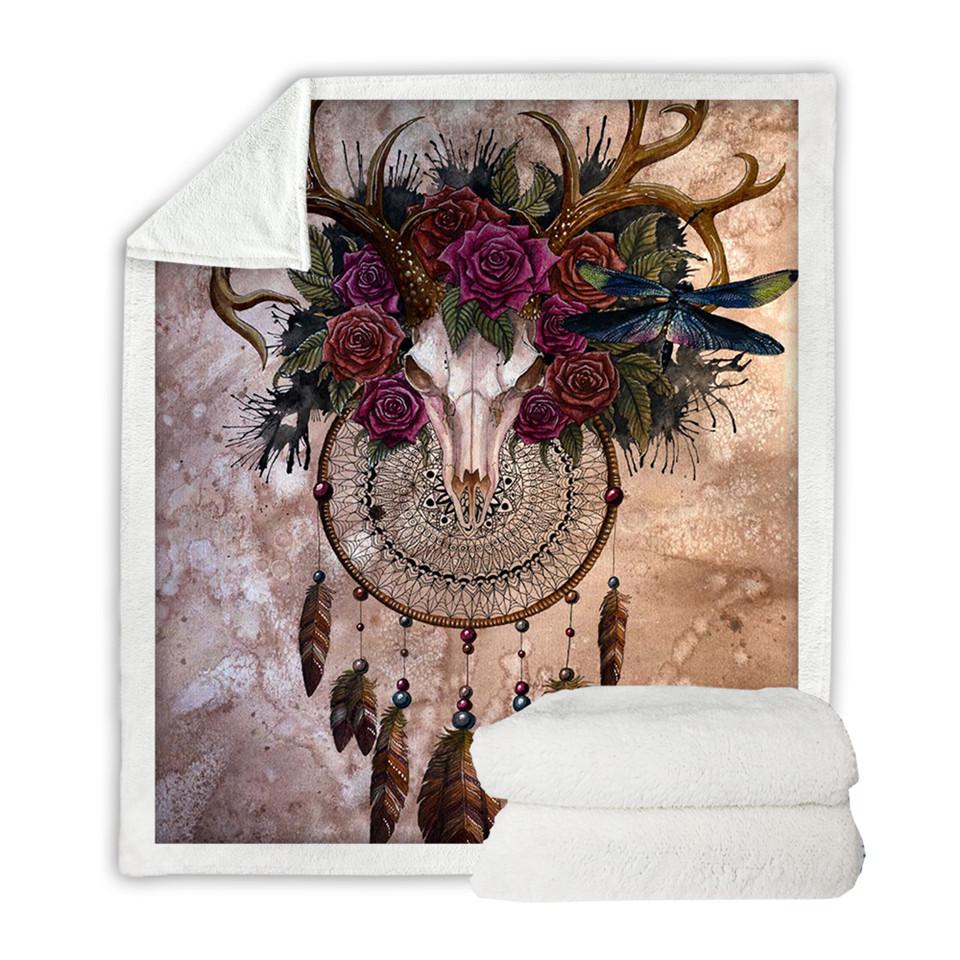 Skull dreamcatcher roses blanket with dark feathers and floral crown, folded soft fleece