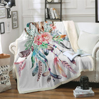 Multicolor dreamcatcher skull floral blanket, feathers and roses on white background