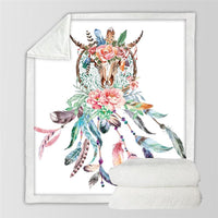 Floral dreamcatcher skull blanket square fold, white fleece with multicolor feathers