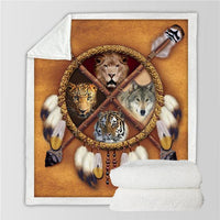 Wolf dreamcatcher blanket design: circular ring with lion, wolf, tiger faces and feathers