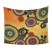 Full view multicolor tapestry with large circular mandalas, teal accents on warm beige