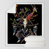 Tribal skull dreamcatcher throw blanket with multicolor feathers, folded and shown flat