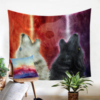 3D wolf tapestry: white and black wolf heads on multicolor nebula-style design