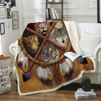 Multicolor animal dreamcatcher blanket with wolf, tiger, leopard faces and feathers