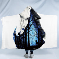Multicolor wolf-and-tree graphic hooded blanket with dark forest silhouette