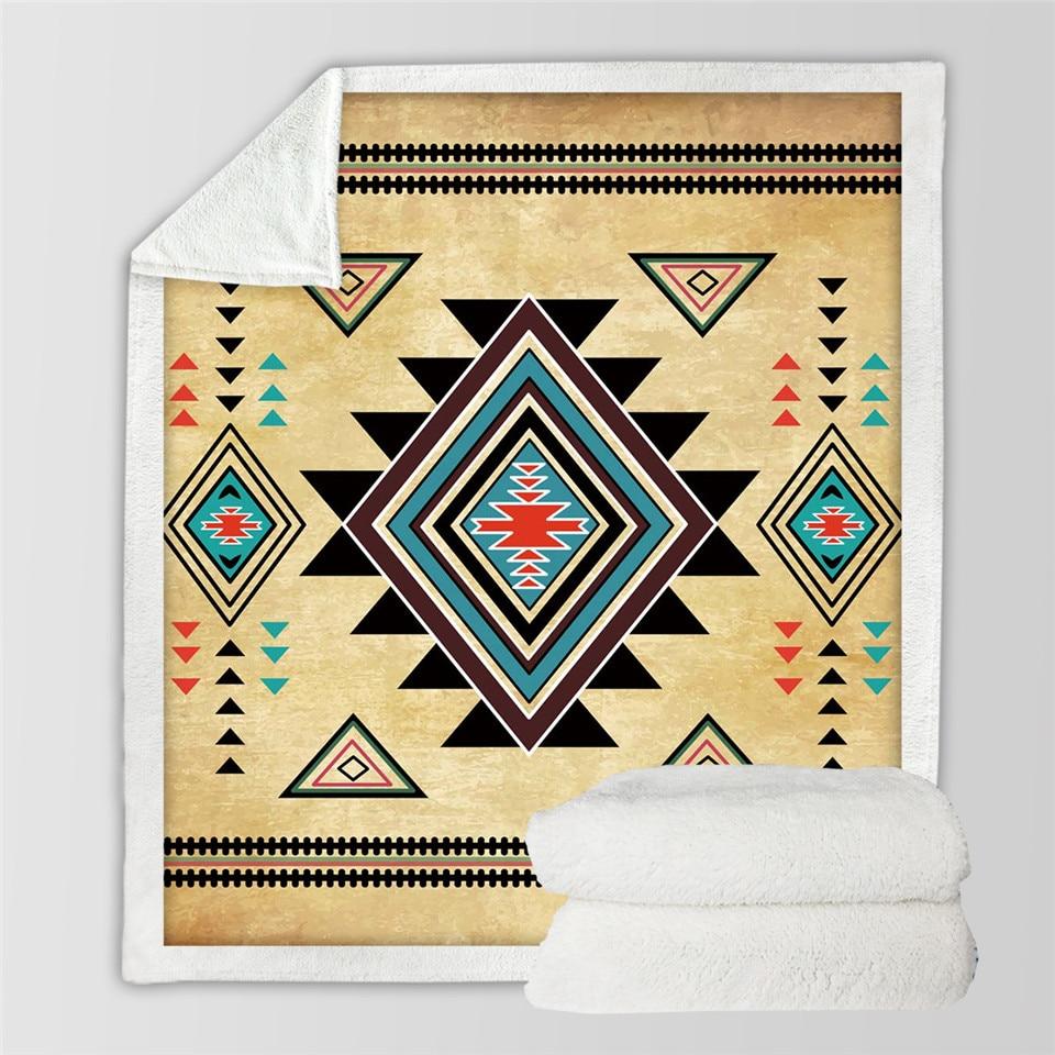 Beige multicolor geometric blanket with central star diamond, black triangles, teal and red