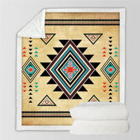 Beige multicolor geometric blanket with central star diamond, black triangles, teal and red