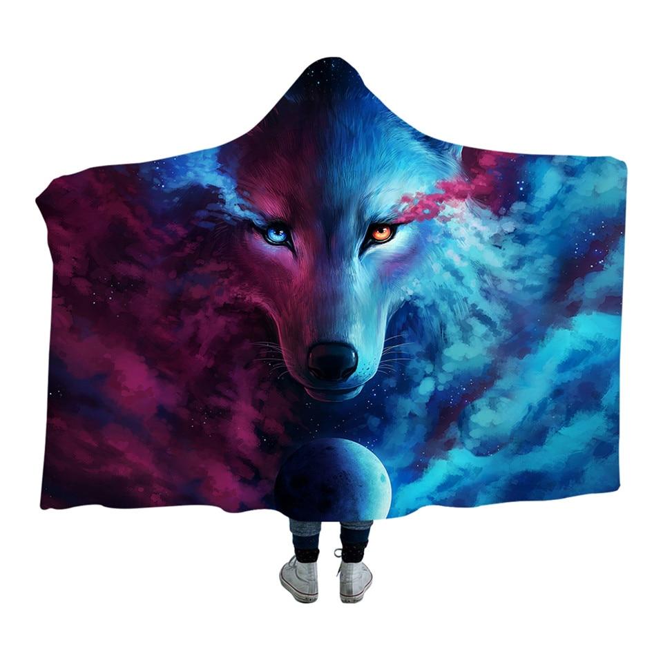 Wolf 3D hooded blanket with split magenta and blue wolf face, front view
