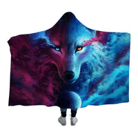 Wolf 3D hooded blanket with split magenta and blue wolf face, front view