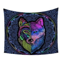 Multicolor wolf and mandala flower tapestry, navy circular backdrop design