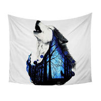 Center wolf tapestry with blue forest silhouettes and starry dots, white background