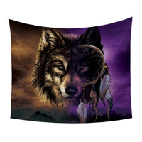 Square wolf tapestry featuring large dreamcatcher circle and feather detail