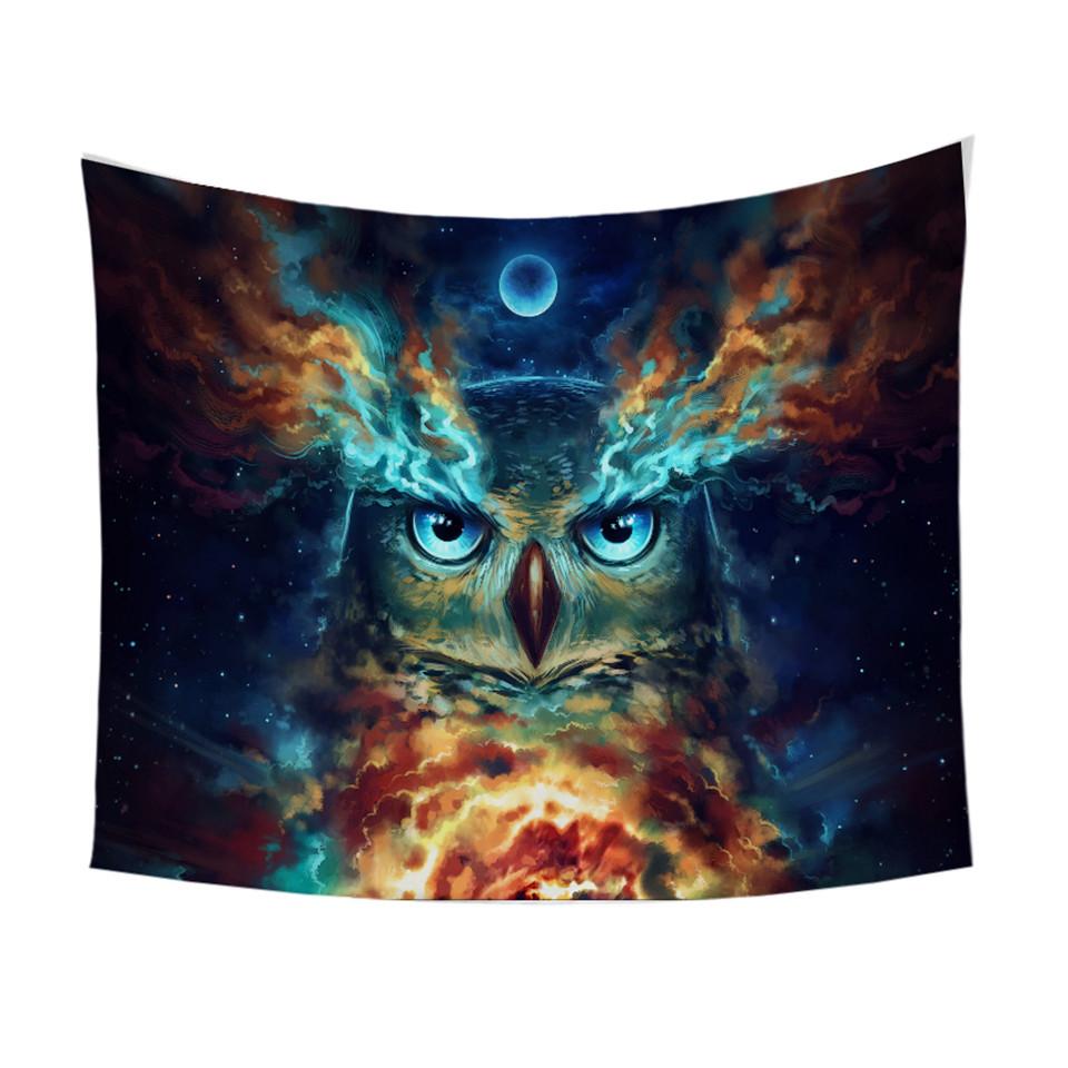 Galaxy owl tapestry with fiery orange center, teal nebula wings, and small moon