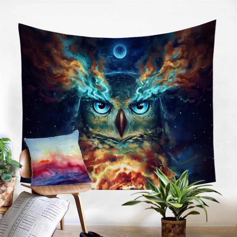 Owl galaxy tapestry with glowing blue eyes, nebula clouds, and cosmic moon design