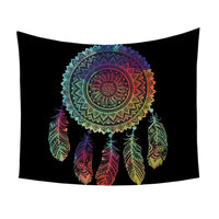 Full view mandala feather design tapestry with concentric circle and rainbow feathers
