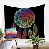 Multicolor mandala feather tapestry with circular floral center on dark background