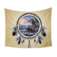 Full dreamcatcher wolf tapestry with circular artwork, gray feathers, hanging bead fringe