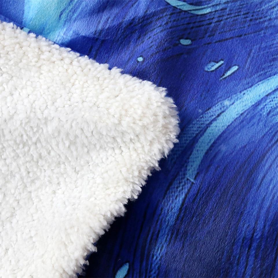Hooded blanket edge showing blue printed fabric with white plush lining trim