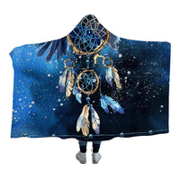 Blue hooded blanket with dreamcatcher, feathers, and galaxy-style print; multicolor accents