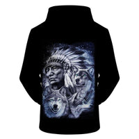 Black pullover hoodie, large wolf and chief graphic on back