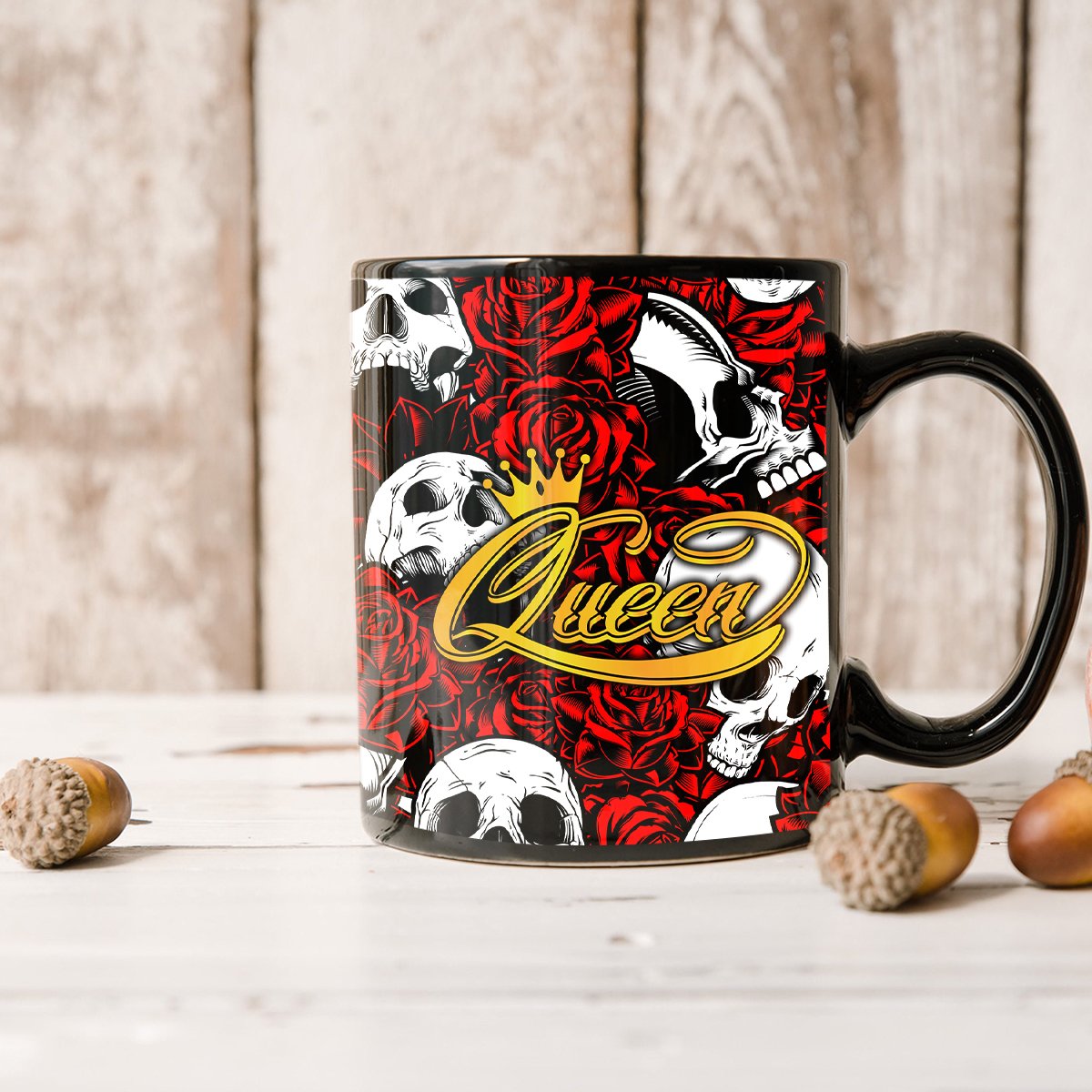Black 11oz mug with skulls, red roses, and gold cursive text on the side