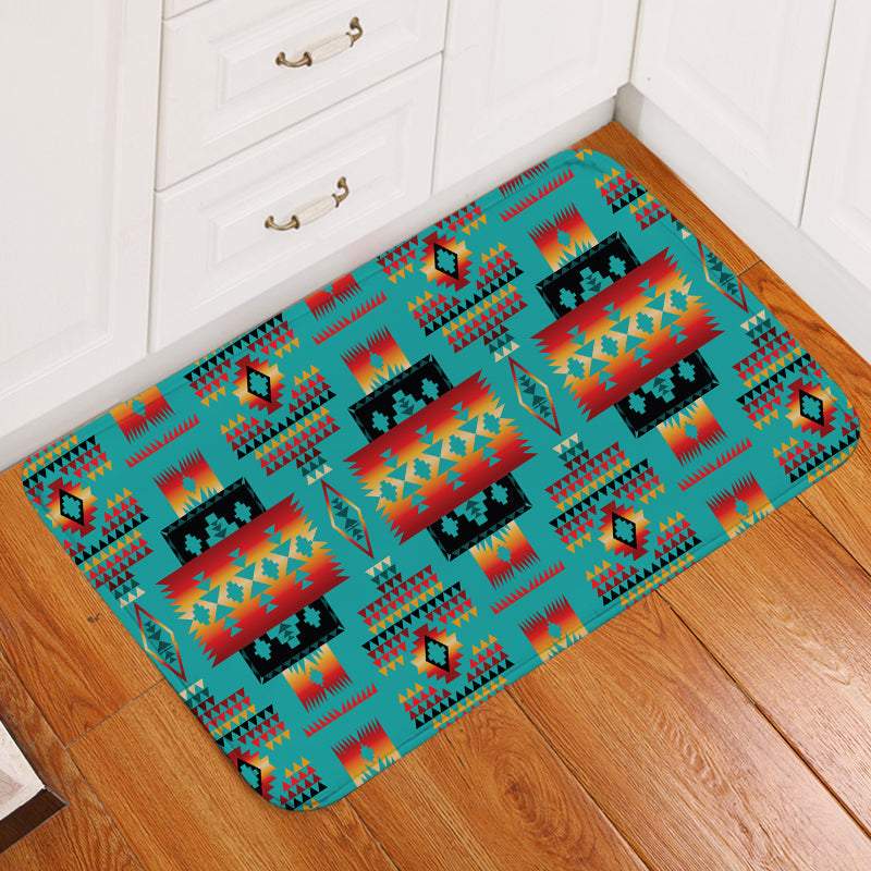 Blue native tribes pattern doormat with multicolor geometric accents