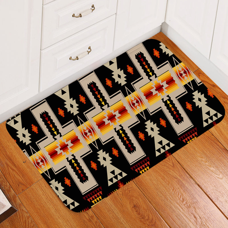 Black doormat with multicolor Native American geometric pattern