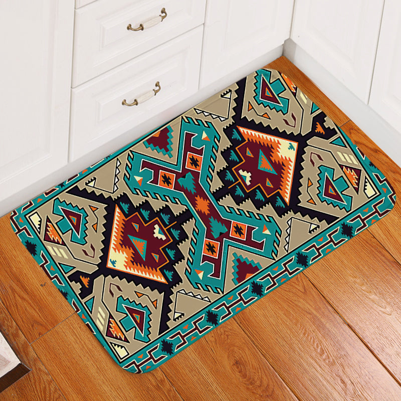Multicolor geometric tribal-pattern doormat with bold zigzag border