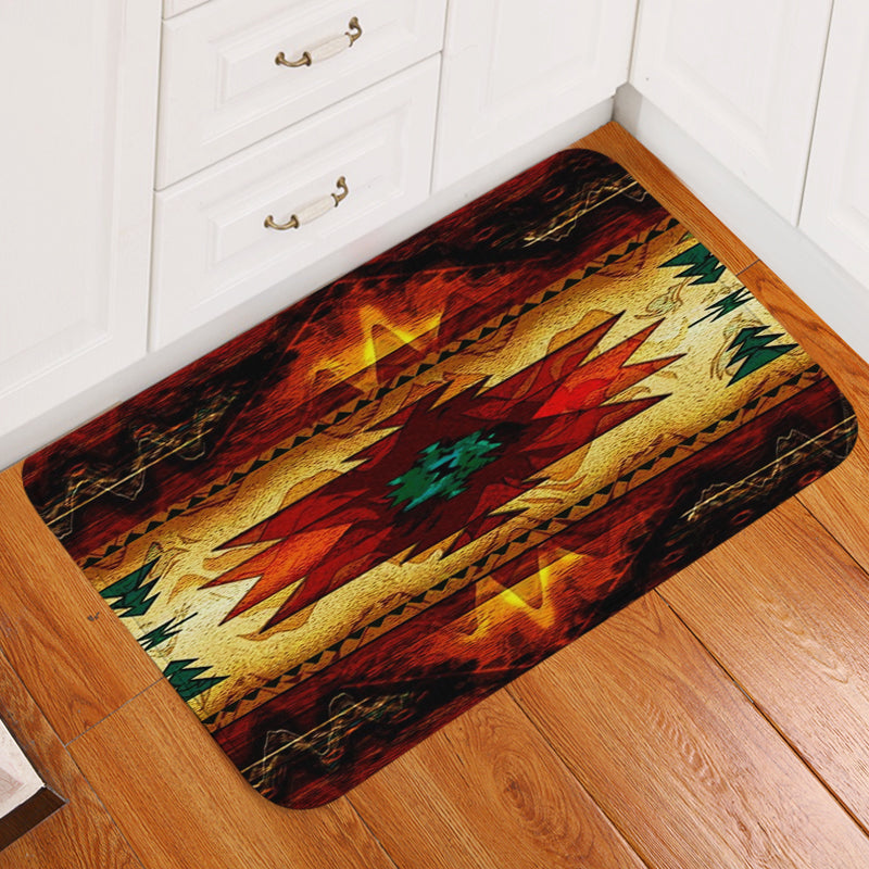 Brown doormat with colorful Native American geometric pattern, rectangular mat