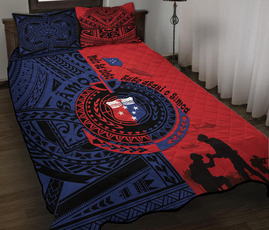 Red & blue quilt bed set with circular emblem, tribal pattern, and dark silhouettes