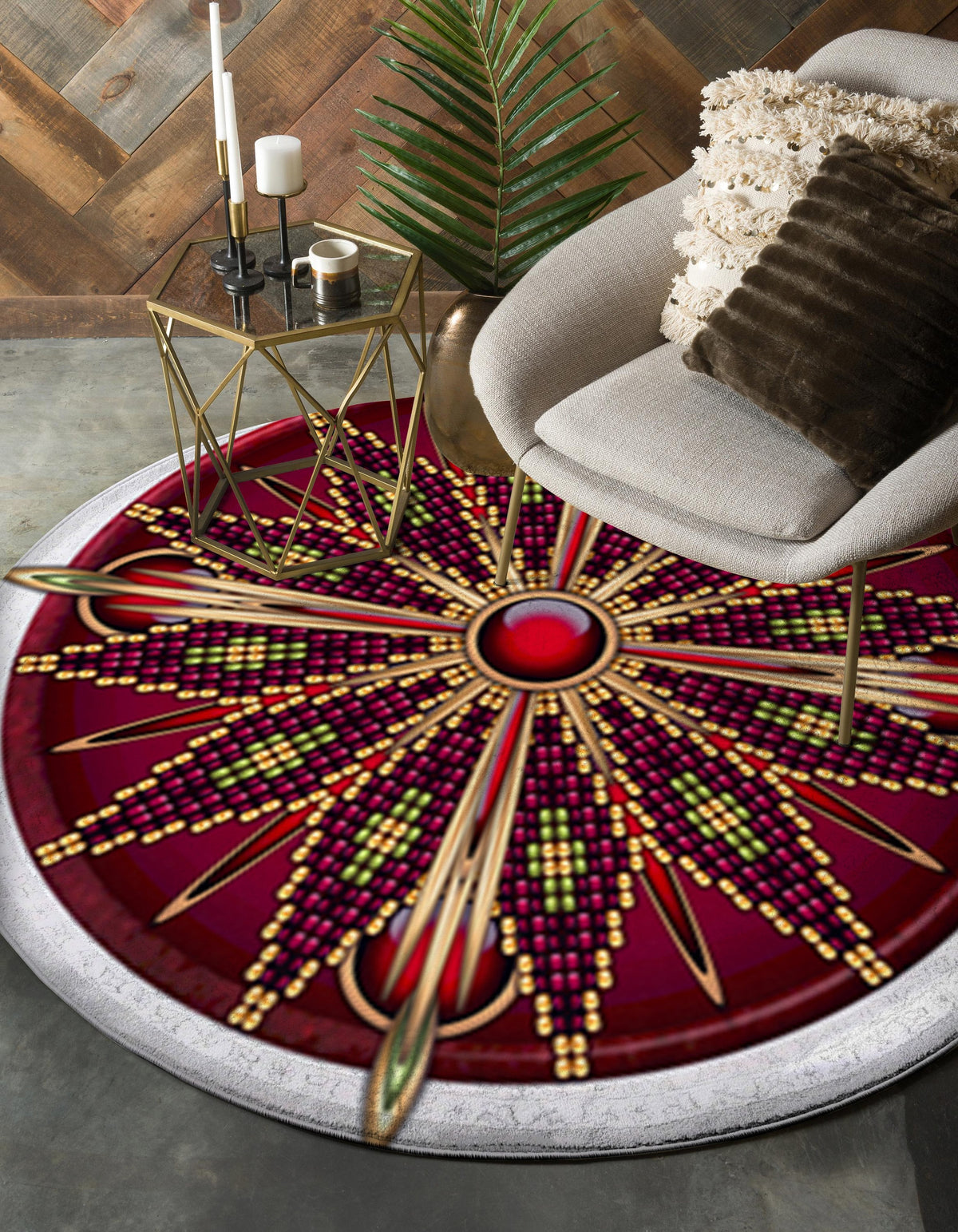 Red round native-style beaded pattern carpet, starburst center, multicolor accents, white border