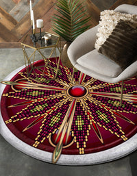 Red round native-style beaded pattern carpet, starburst center, multicolor accents, white border