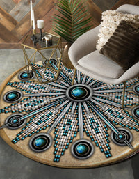 Round native-style carpet with teal/blue beaded sunburst pattern on light background