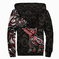 Black Sherpa hoodie with full Haida wolf back graphic, red and white accents